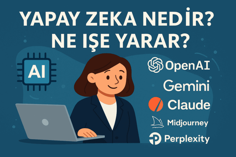 Yapay zeka nedir ve ne işe yarar konusunu anlatan modern yatay AI grafik tasarımı