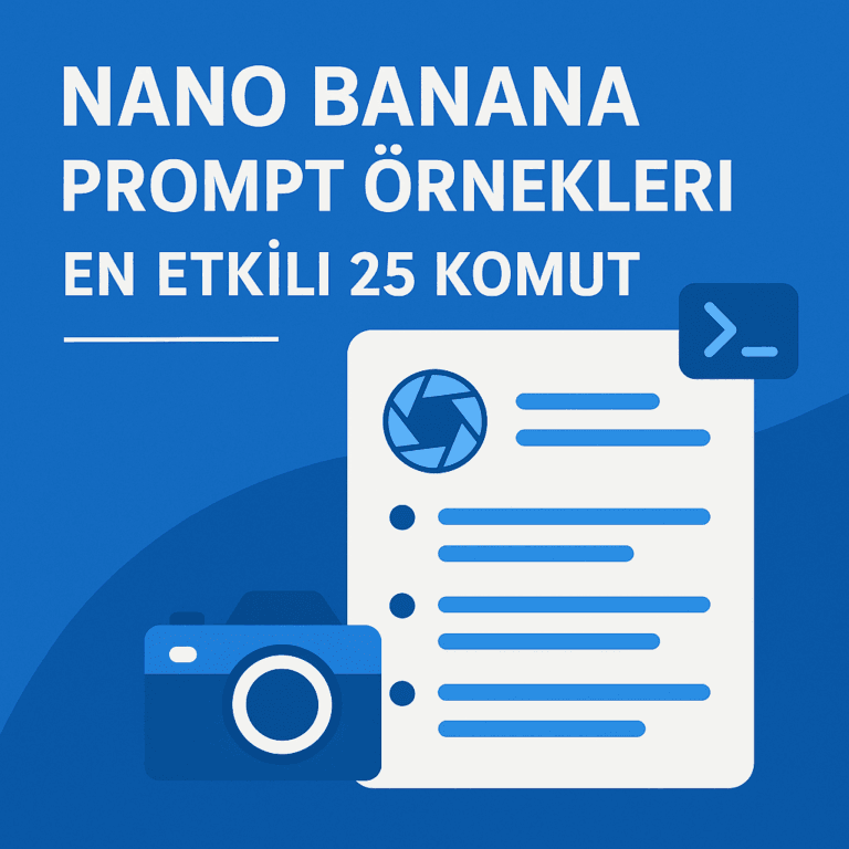 Nano Banana prompt örnekleri için hazırlanmış mavi tonlarda modern blog kapak görseli.