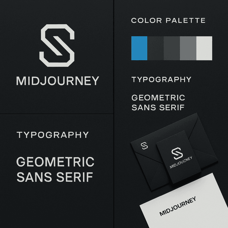 Midjourney marka kimliği tasarımı örneği, logo, renk paleti, tipografi ve kurumsal kimlik ögeleriyle birlikte