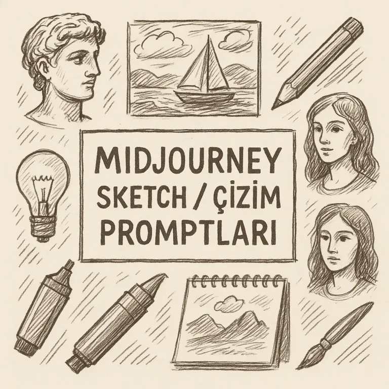 Midjourney sketch çizim promptları için hazırlanan el çizimi tarzında minimalist kapak görseli.