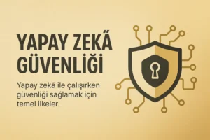 Yapay zekâ güvenliğini temsil eden, bej–altın tonlarında arka plana sahip, sol tarafta başlık ve sağ tarafta kalkan & devre ikonunun yer aldığı minimalist kapak görseli.