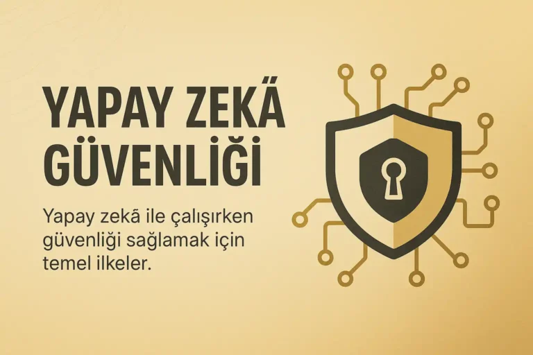 Yapay zekâ güvenliğini temsil eden, bej–altın tonlarında arka plana sahip, sol tarafta başlık ve sağ tarafta kalkan & devre ikonunun yer aldığı minimalist kapak görseli.