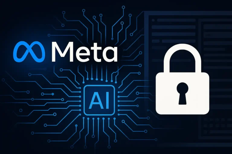 Meta kapalı yapay zeka modeli görseli, Meta logosu ve kilit simgesiyle yapay zekanın kapalı sistem yaklaşımını temsil ediyor.