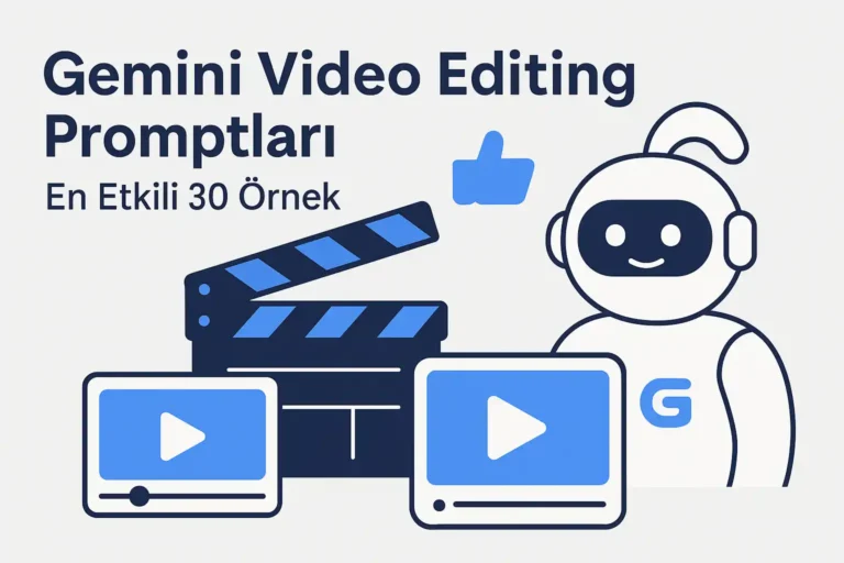 Gemini video editing promptlarını temsil eden illüstrasyon; clapperboard, video oynatıcı ikonları ve Gemini robot karakteri