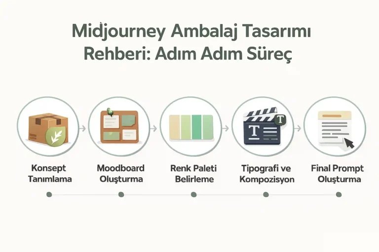 Midjourney ambalaj tasarımı adım adım süreç rehberi; konsept, moodboard, renk paleti, tipografi ve final prompt aşamalarını gösteren grafik