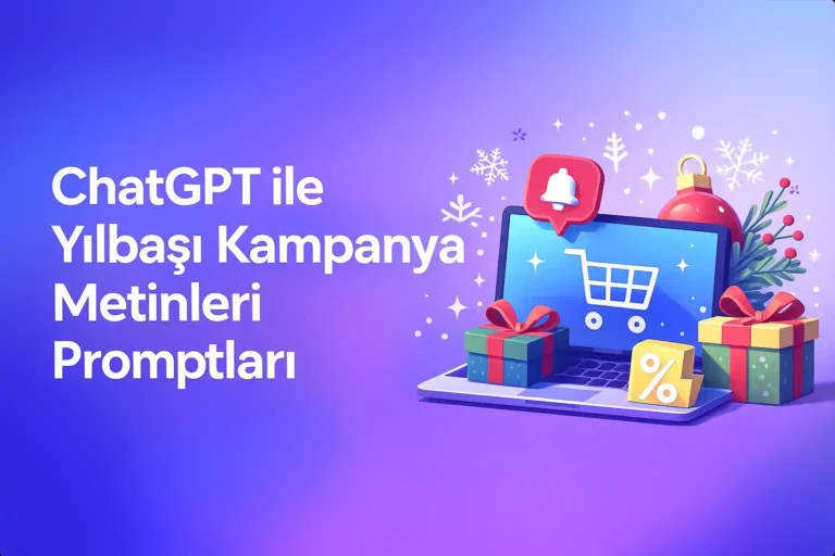 ChatGPT ile yılbaşı indirim kampanyaları için metin oluşturmayı temsil eden laptop, hediye kutuları ve yeni yıl ikonları içeren görsel.