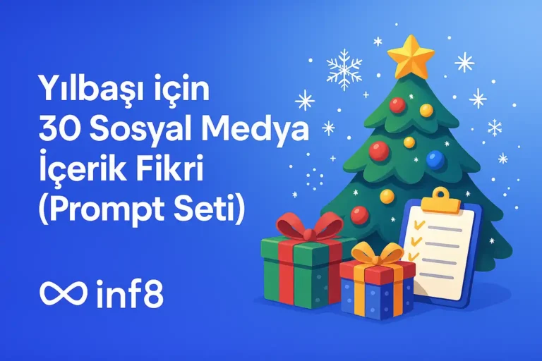 Yılbaşı sosyal medya içerik fikri prompt tasarımı, INF8 logolu, yılbaşı ağacı ve hediye kutuları içeren modern kapak görseli.