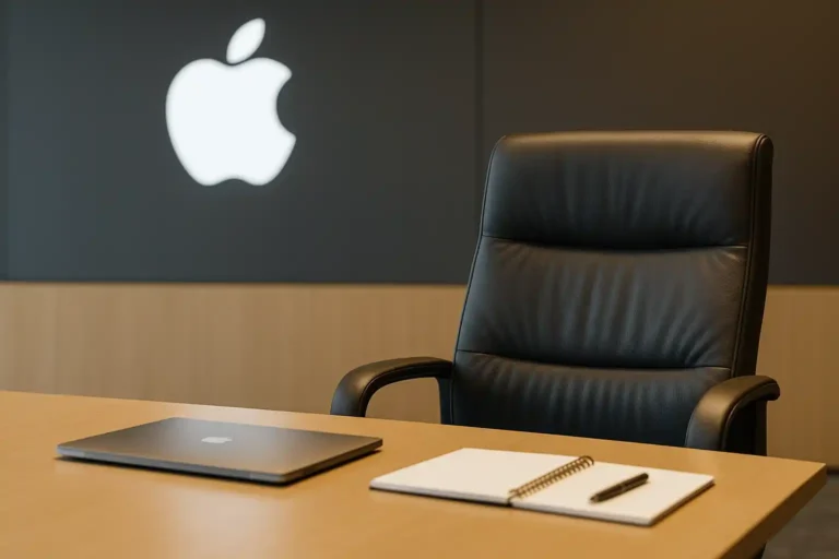 Apple toplantı odasında boş yönetici koltuğu ve masada MacBook ile not defteri