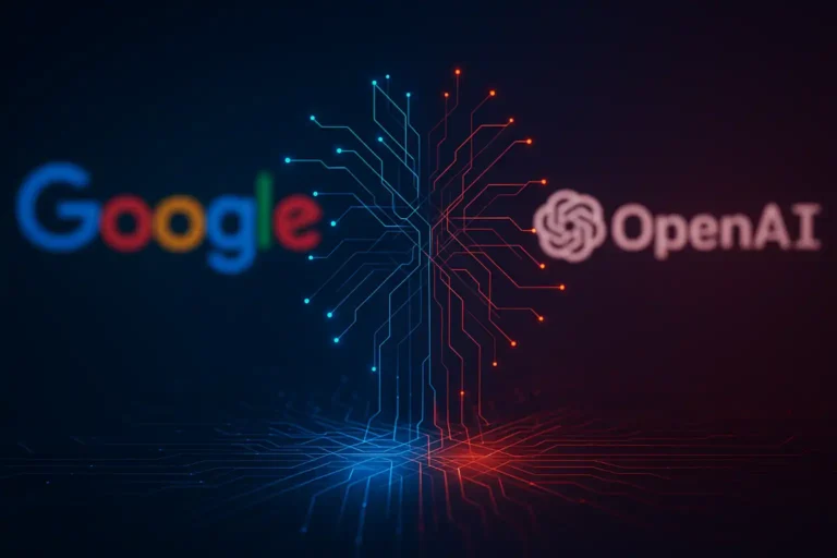 Google ve OpenAI arasındaki yapay zeka rekabetini temsil eden dijital devre görselleştirmesi