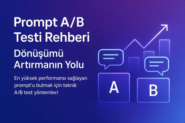 Prompt A/B testi rehberi kapak görseli, sol tarafta başlık ve açıklama, sağda A/B test kutuları ve grafik illüstrasyonu.