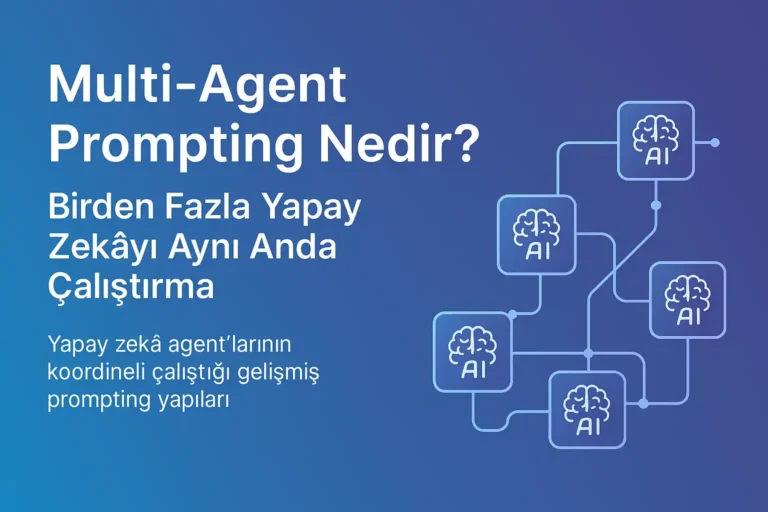 Multi-agent prompting kapak görseli; sol tarafta başlık ve açıklama, sağ tarafta birbirine bağlı yapay zekâ agent ikonları bulunan minimalist tasarım.