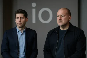 Sam Altman ve Jony Ive, arka planda io projesi logosuyla birlikte kameraya ciddi şekilde poz verirken.