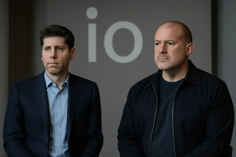 Sam Altman ve Jony Ive, arka planda io projesi logosuyla birlikte kameraya ciddi şekilde poz verirken.
