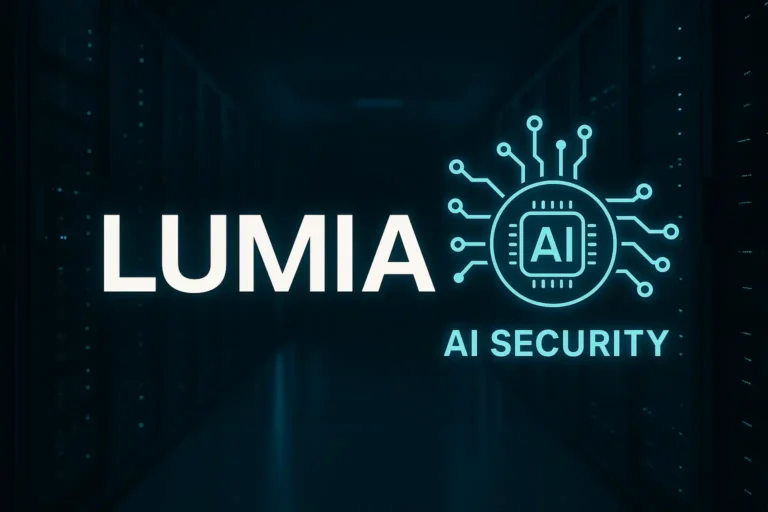 Lumia'nın yapay zekâ güvenliği temasını yansıtan, veri merkezi arka planı ve dijital AI ikonları içeren teknoloji odaklı görsel.