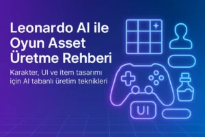 Leonardo AI ile oyun asset üretimini gösteren kapak görseli; oyun kontrolcüsü, sprite grid, karakter silueti, UI butonları ve item ikonlarının neon çizimli tasarımı.