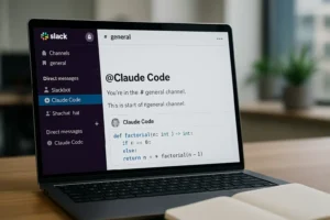 Slack arayüzünde çalışan claude code slack entegrasyonu gösterilen dizüstü bilgisayar ekranı