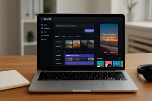 crepal arayüzü açık dizüstü bilgisayarda yapay zekâ ile video üretim ekranı
