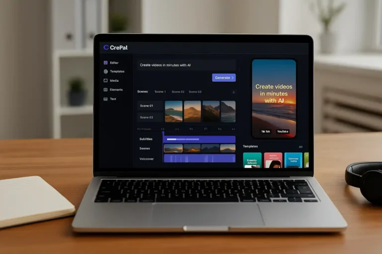 crepal arayüzü açık dizüstü bilgisayarda yapay zekâ ile video üretim ekranı