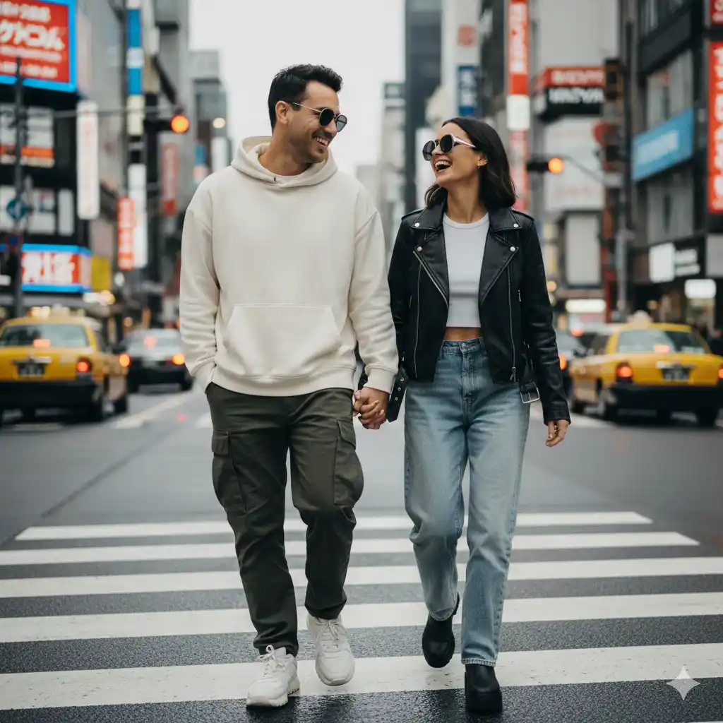 şehirde street style çift fotoğrafı yapay zeka