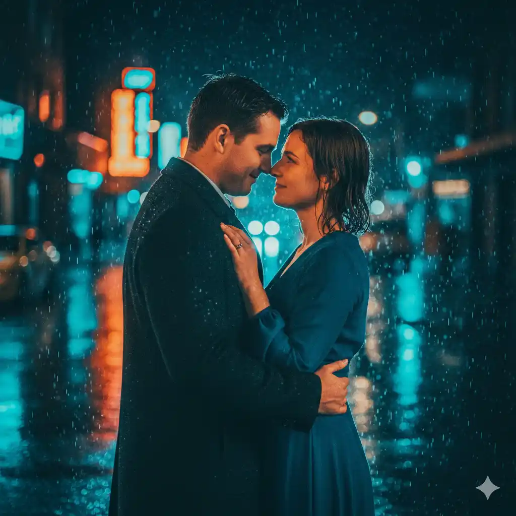 gece sinematik neon bokeh çift portresi yapay zeka