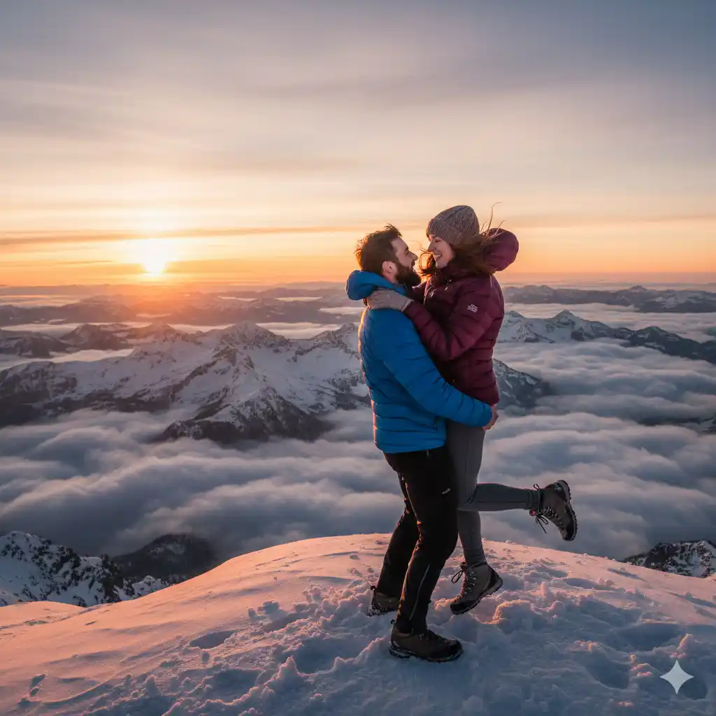 dağ zirvesinde epik sinematik çift portresi yapay zeka