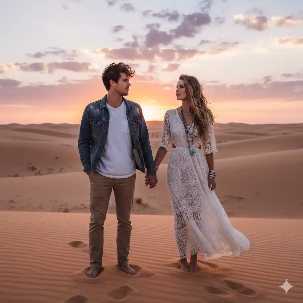 çölde gün batımı bohem çift portresi yapay zeka