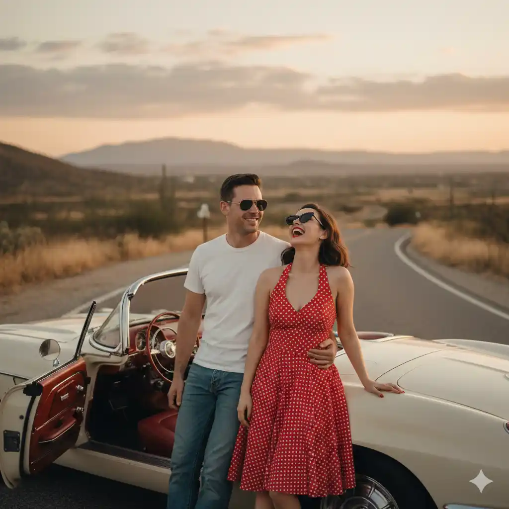 vintage araba nostaljik çift portresi yapay zeka