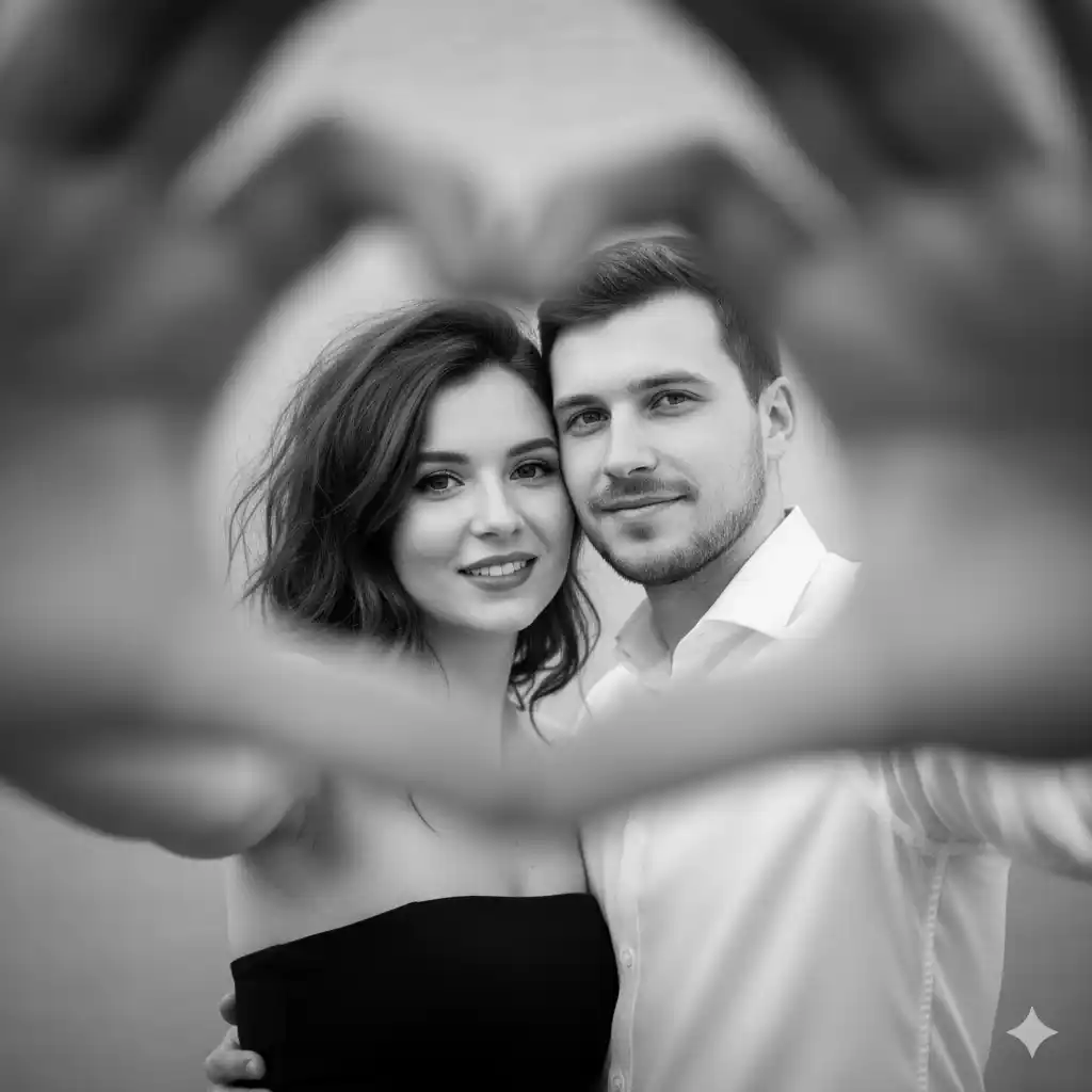 kalp ellerle çerçeveli siyah beyaz romantik çift yapay zeka