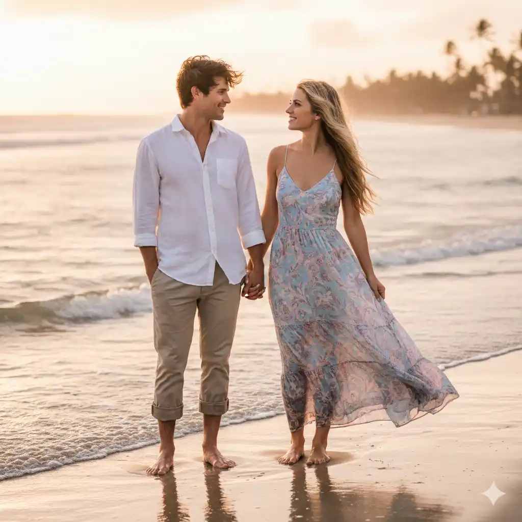 golden hour sahilde romantik çift portresi yapay zeka