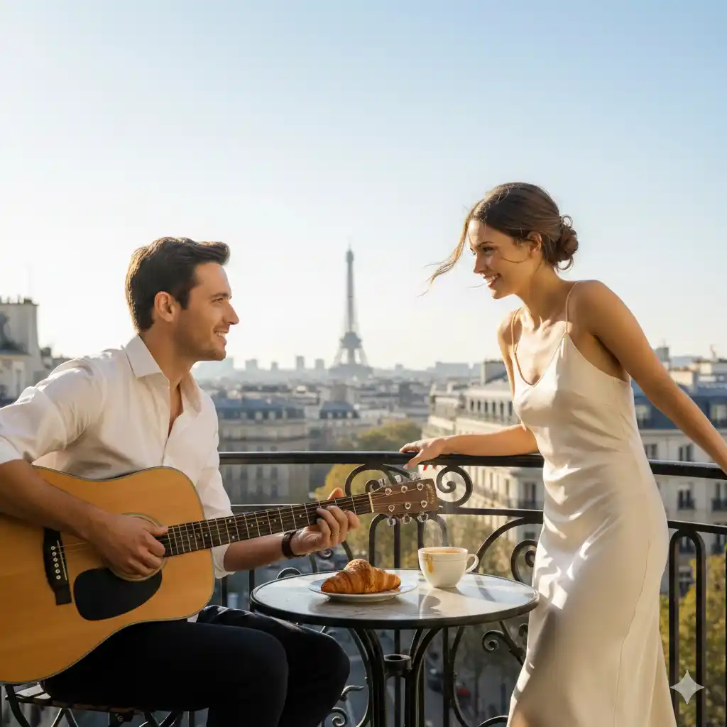 paris balkonunda romantik çift sabah sahnesi yapay zeka