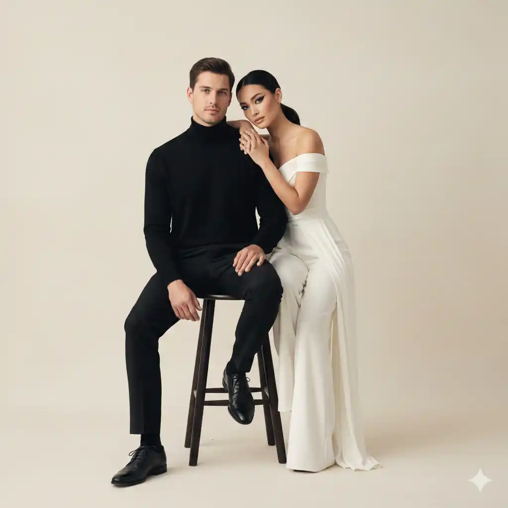 minimalist stüdyo editorial çift portresi yapay zeka