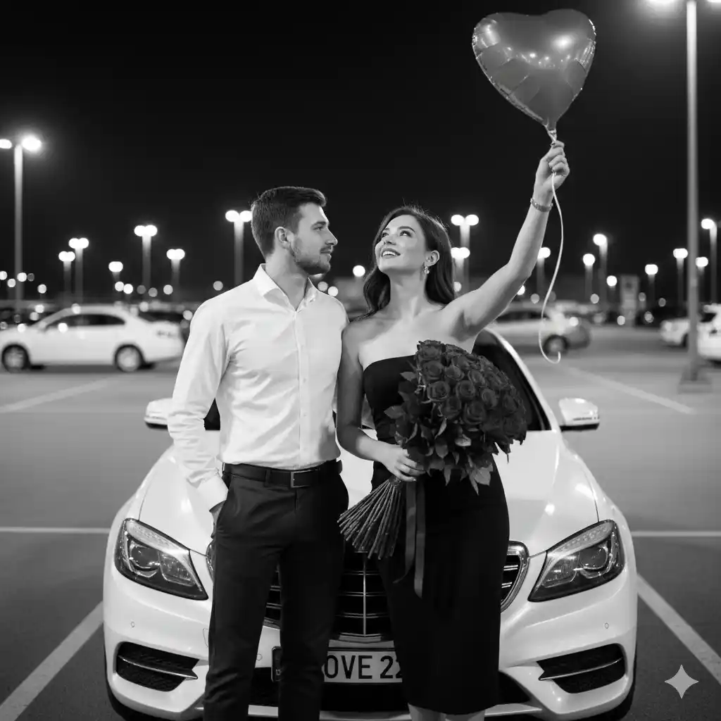 siyah beyaz romantik çift otopark sahnesi yapay zeka