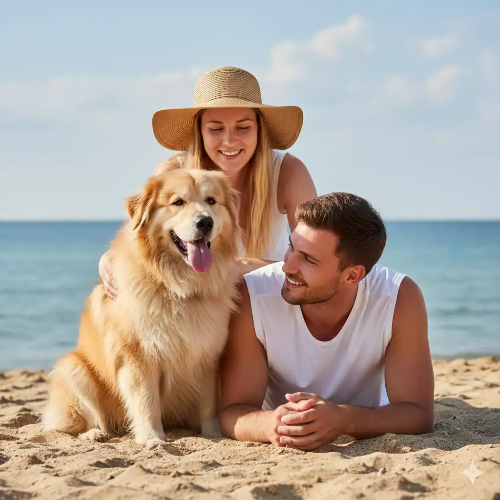 sahilde köpekli çift aile sahnesi yapay zeka