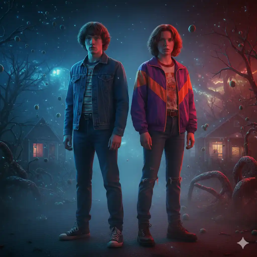 stranger things evreninde sinematik çift portresi yapay zeka